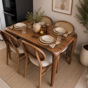 May include: A rectangular wooden dining table with rounded corners and four matching chairs featuring curved wooden frames, woven cane backrests, and off-white upholstered seats. The table is set with four place settings, each including a round woven placemat, a white ceramic bowl, a clear glass, and a folded beige napkin.