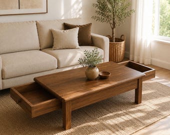 Mesa de centro de madera con dos cajones / Mesa de centro de madera de nogal / Mesa de centro de nogal claro u oscuro / Mesa de centro con cajones / Mesa de centro a medida
