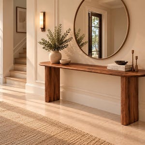 Peut inclure: Une longue console en bois étroite avec des extrémités arrondies et deux pieds épais et robustes. La surface de la table supporte un vase en céramique avec de la verdure, un petit bol, deux livres empilés et deux bougeoirs en métal fins et hauts.