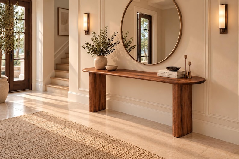 Peut inclure: Une longue console en bois &eacute;troite avec des extr&eacute;mit&eacute;s arrondies et deux pieds &eacute;pais et robustes. La surface de la table supporte un vase en c&eacute;ramique avec de la verdure, un petit bol, deux livres empil&eacute;s et deux bougeoirs en m&eacute;tal fins et hauts.