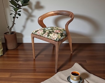 Modern Walnut Dining Chair, Handmade Solid Wood Chair, Upholstered Kitchen Chair, Scandinavian Furniture