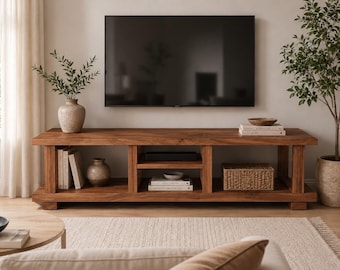 無垢材ウォールナット製テレビ台 – ミッドセンチュリーモダンスタイルのテレビ台 – 手作りの木製エンターテイメントセンター – カスタムサイズのメディアコンソール