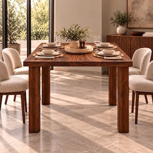 Op de afbeelding: Een rechthoekige donkerbruine houten eettafel met vier dikke poten, omringd door vier beige gestoffeerde stoelen met houten poten. De tafel is gedekt met vier couverts, elk voorzien van een ronde gevlochten placemat, een witte kom en een glas.