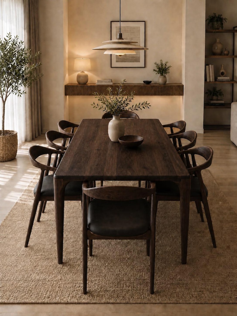 May include: A rectangular dark brown wooden dining table with eight matching chairs featuring curved backrests and black upholstered seats. The table surface is smooth and flat, supported by four sturdy legs, creating a cohesive furniture set.