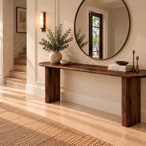 Peut inclure: Une longue console en bois fonc&eacute; avec des extr&eacute;mit&eacute;s arrondies et deux pieds &eacute;pais et incurv&eacute;s. La surface de la table supporte un vase en c&eacute;ramique avec du feuillage vert, un petit bol, deux livres empil&eacute;s et deux bougeoirs m&eacute;talliques fins.