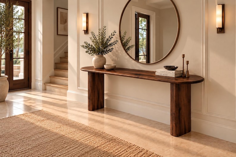 Peut inclure: Une longue console en bois fonc&eacute; avec des extr&eacute;mit&eacute;s arrondies et deux pieds &eacute;pais et incurv&eacute;s. La surface de la table supporte un vase en c&eacute;ramique avec du feuillage vert, un petit bol, deux livres empil&eacute;s et deux bougeoirs m&eacute;talliques fins.