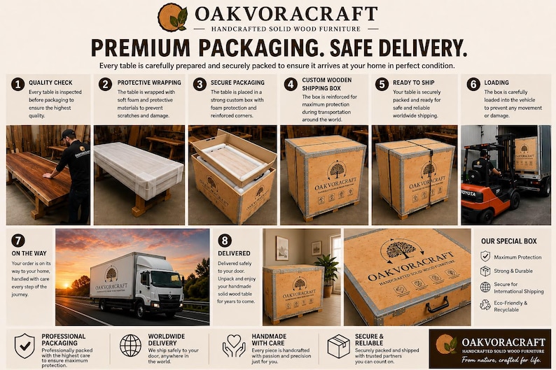 Peut inclure: Une infographie intitul&eacute;e OAKVORACRAFT HANDCRAFTED SOLID WOOD FURNITURE d&eacute;taillant un processus d'emballage et de livraison en huit &eacute;tapes. Elle pr&eacute;sente des images d'une table en bois emball&eacute;e, plac&eacute;e dans une caisse en bois et charg&eacute;e.