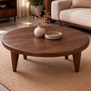 May include: A round, dark brown wooden coffee table with three tapered legs. On the table sits a small, speckled beige ceramic vase containing dried branches and a shallow, matching beige ceramic bowl. The table has a smooth, polished surface.