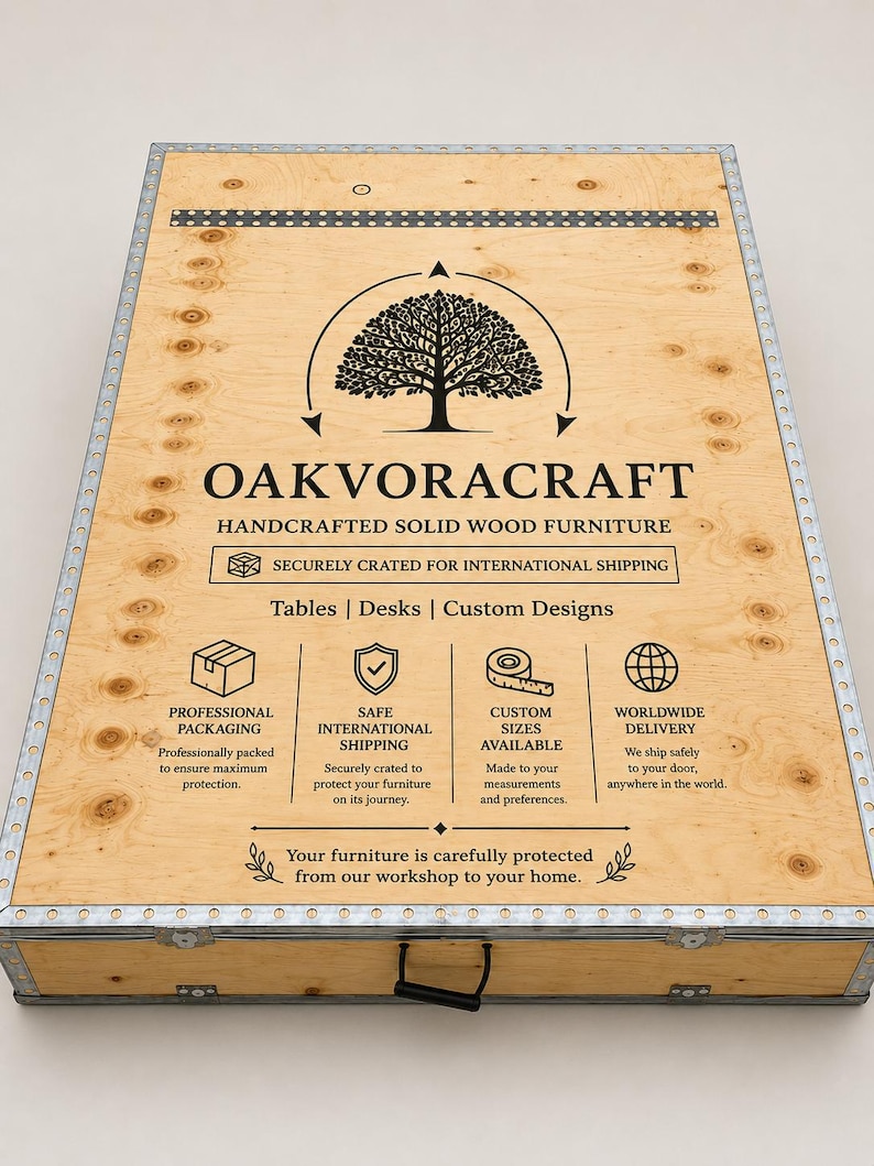 May include: A rectangular wooden shipping crate with metal reinforced edges and a black handle. The top surface features the text OAKVORACRAFT, a tree logo, and icons representing professional packaging, international shipping, and custom sizes.