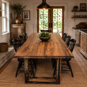 Puede incluir: Una mesa de comedor rectangular con una superficie de madera natural de borde irregular y una base oscura y robusta en forma de U, rodeada por ocho sillas negras de respaldo de varillas. Un cuenco redondo con una planta verde está en el centro.