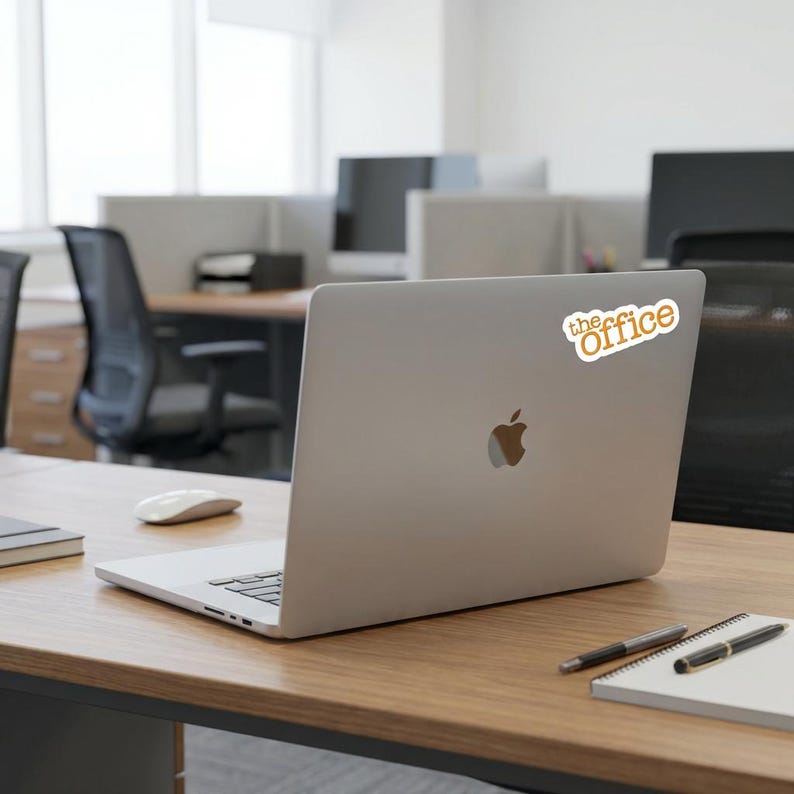 May include: A silver laptop with the Apple logo is open on a wooden desk. A sticker that says "the office" is on the laptop. A white mouse, a notepad, and two pens are also on the desk. The background shows an office setting.