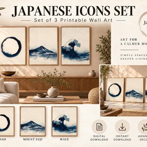 以下が含まれることがあります： Enso円、富士山、大きな波の青いインクスタイルのイラストが描かれた3枚の印刷可能なウォールアートセット。テキストには、Japanese Icons Set, Set of 3 Printable Wall Art, Japanese Decor, Art for a Calmer Homeと記載されています。