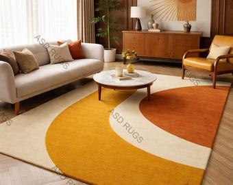 Tappeto moderno di metà secolo con motivi geometrici astratti, colore arancione, senape e crema, ideale per il soggiorno.