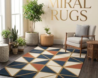 Geometric Area Rug Modern Blue Beige Hand Tufted Abstract Triangle Carpet Living Room Rug