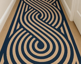 Tappeto moderno geometrico Infinity blu navy per corridoio