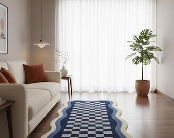 Tappeto da corridoio moderno a quadri ondulati, blu, fatto a mano, lungo e morbido, trapuntato