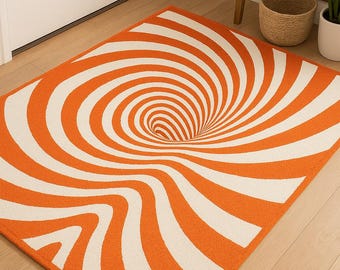 Tappeto in lana annodato a mano con illusione ottica arancione e bianca a spirale