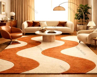 Tappeto moderno astratto a onde, trapuntato a mano, nei toni neutri del beige e della ruggine, lussuoso tappeto per soggiorno.