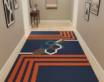 Modern Geometric Area Rug colour Blue Orange Living Room Carpet Long Corridor Carpet