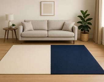 Beige and Navy Blue Rug Modern Minimalist Color Block Floor Mat