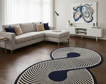 Tappeto moderno a ciclo infinito, blu navy e beige, astratto, forma irregolare, per soggiorno