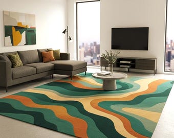 Tappeto moderno astratto con motivo a onde verde ruggine, tappeto contemporaneo per soggiorno
