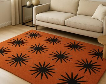 Tappeto in lana arancione bruciato fatto a mano con motivo a stella, dimensioni personalizzate