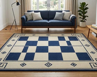 Tappeto a quadri blu, moderno motivo geometrico, blu navy e crema, per soggiorno, fatto a mano.