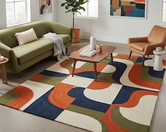 Tappeto moderno astratto fatto a mano, geometrico, colore blu navy, arancione e verde, per soggiorno