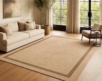 Handmade Tufted Wool Rug Beige Border Area Rug Neutral Living Room Custom Size Carpet