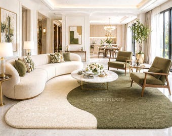 Alfombra verde oliva crema de lujo hecha a mano con forma irregular para sala de estar.