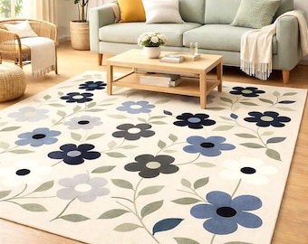 Tappeto floreale color crema e blu, moderno, per soggiorno, fatto a mano, morbido e accogliente.