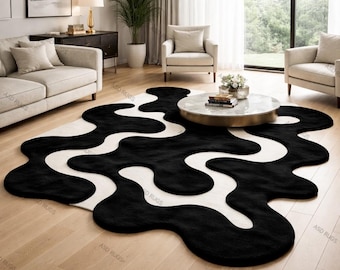 Tappeto moderno astratto in bianco e nero, forma irregolare, lussuoso, trapuntato a mano, per soggiorno.
