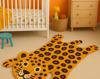 Tappeto per sala giochi per bambini fatto a mano in lana con motivo leopardato