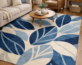 Alfombra moderna de hojas azules con diseño abstracto botánico para sala de estar, estilo escandinavo