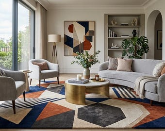 Tappeto moderno geometrico fatto a mano, astratto, di lusso, beige, blu ruggine, per soggiorno.