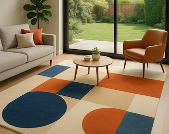 Tappeto geometrico in lana fatto a mano, stile Mid-Century Modern, a blocchi di colore