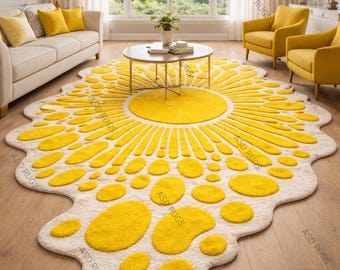 Alfombra amarilla de 8x10 con diseño de sol, hecha a mano, alfombra moderna para sala de estar.