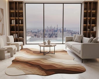 Tappeto moderno astratto scolpito, forma irregolare, trapuntato, beige marrone, contemporaneo, per soggiorno