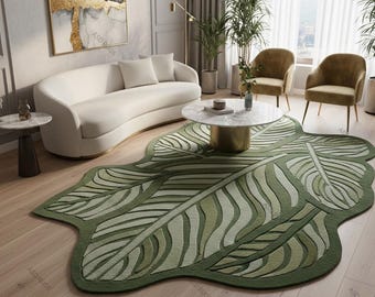 Tappeto moderno a forma di foglia, annodato a mano, verde, irregolare, tropicale, ispirato alla natura, per il soggiorno