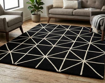 Tappeto geometrico nero moderno, tappeto fatto a mano, tappeto dalle linee astratte, decorazione per soggiorno