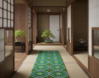Tappeto da corridoio giapponese, tappeto tradizionale in stile tatami, lungo e geometrico, verde