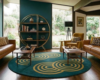 Tappeto rotondo in stile Mid-Century Modern, trapuntato a mano, per soggiorno, lussuoso tappeto geometrico a cerchio.