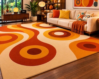 Retro Abstract Area Rug Hand Tufted rug Mid Century Modern Orange Beige 70s design