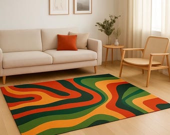 Tappeto retrò con motivo ondulato, tappeto astratto moderno e colorato per l'arredamento del soggiorno