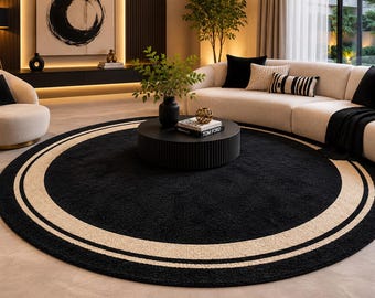 Black Cream Round Rug Modern Hand Tufted Wool Rug Living Room Carpet Custom Size