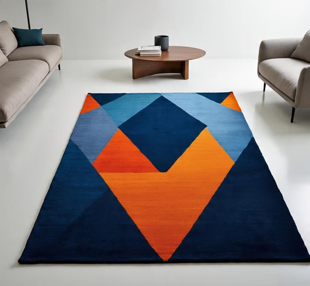 Hand Tufted Wool Geometric Rug Blue Orange Abstract Tufted Carpet ...