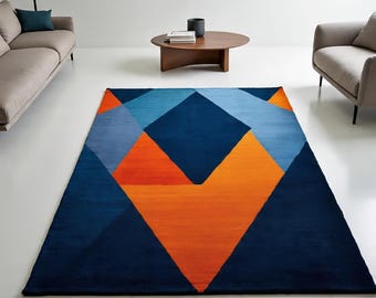 Tappeto geometrico fatto a mano, tappeto astratto blu-arancione, dimensioni personalizzate