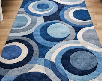 Alfombra moderna con diseño geométrico circular abstracto azul para sala de estar, pasillo contemporáneo