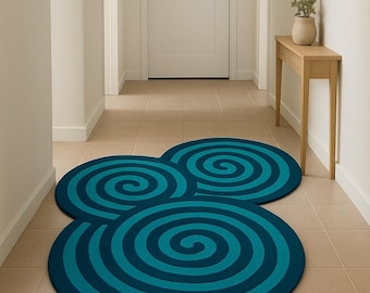 Tappeto moderno a spirale blu astratto, tappeto da corridoio ondulato unico, zerbino contemporaneo trapuntato